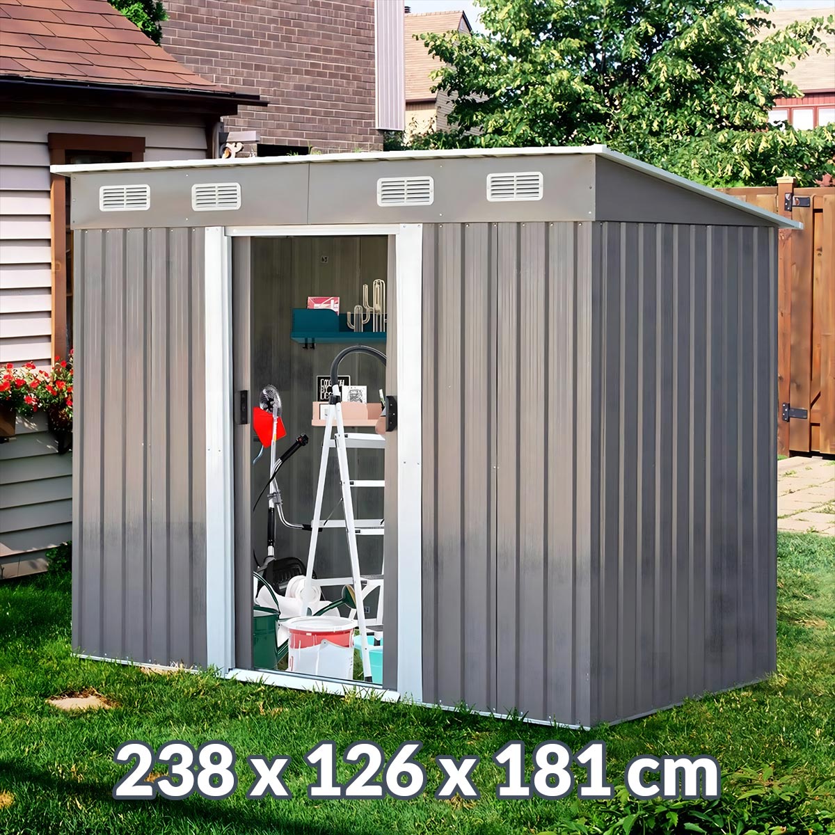 Vrtna metalna kućica - 238x126x181 cm Front 1
