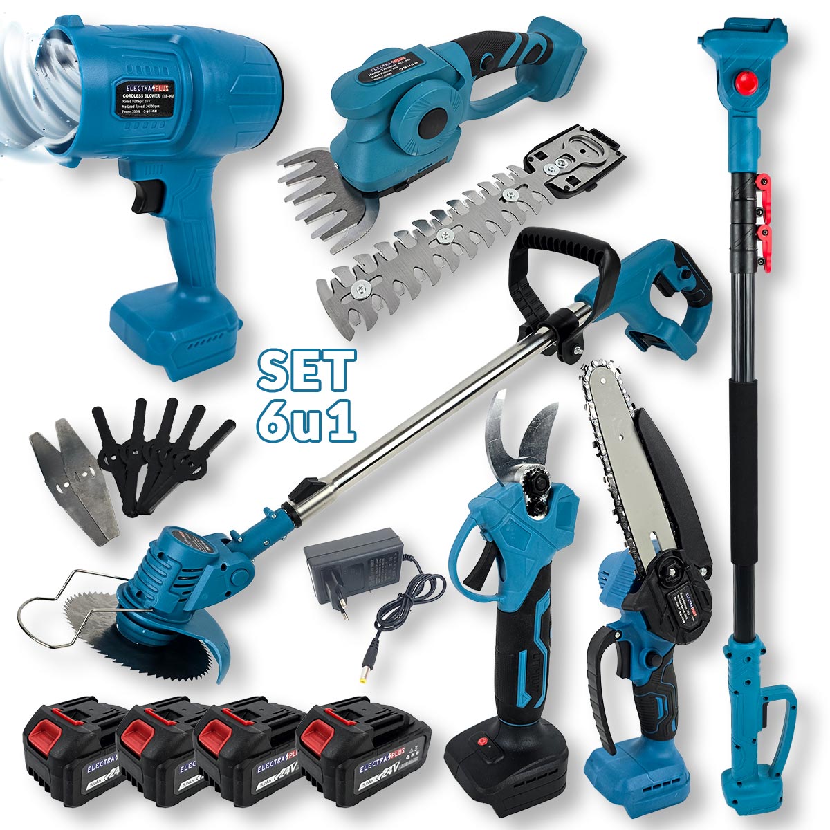 Aku set 6u1 Electra Plus - škare puhač trimer pila štap EL002 Front 1
